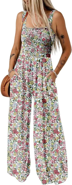 Happy Sailed Overalls for Women Floral Print Sleeveless Jumpsuit One Piece Jumpsuits Wide Leg Long Pant Rompers Boho Casual Summer Outfits Light Pink Small