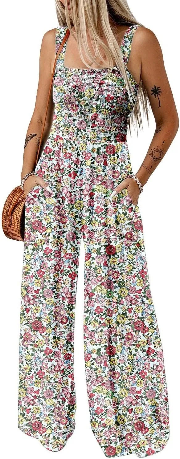 Happy Sailed Overalls for Women Floral Print Sleeveless Jumpsuit One Piece Jumpsuits Wide Leg Long Pant Rompers Boho Casual Summer Outfits Light Pink Small
