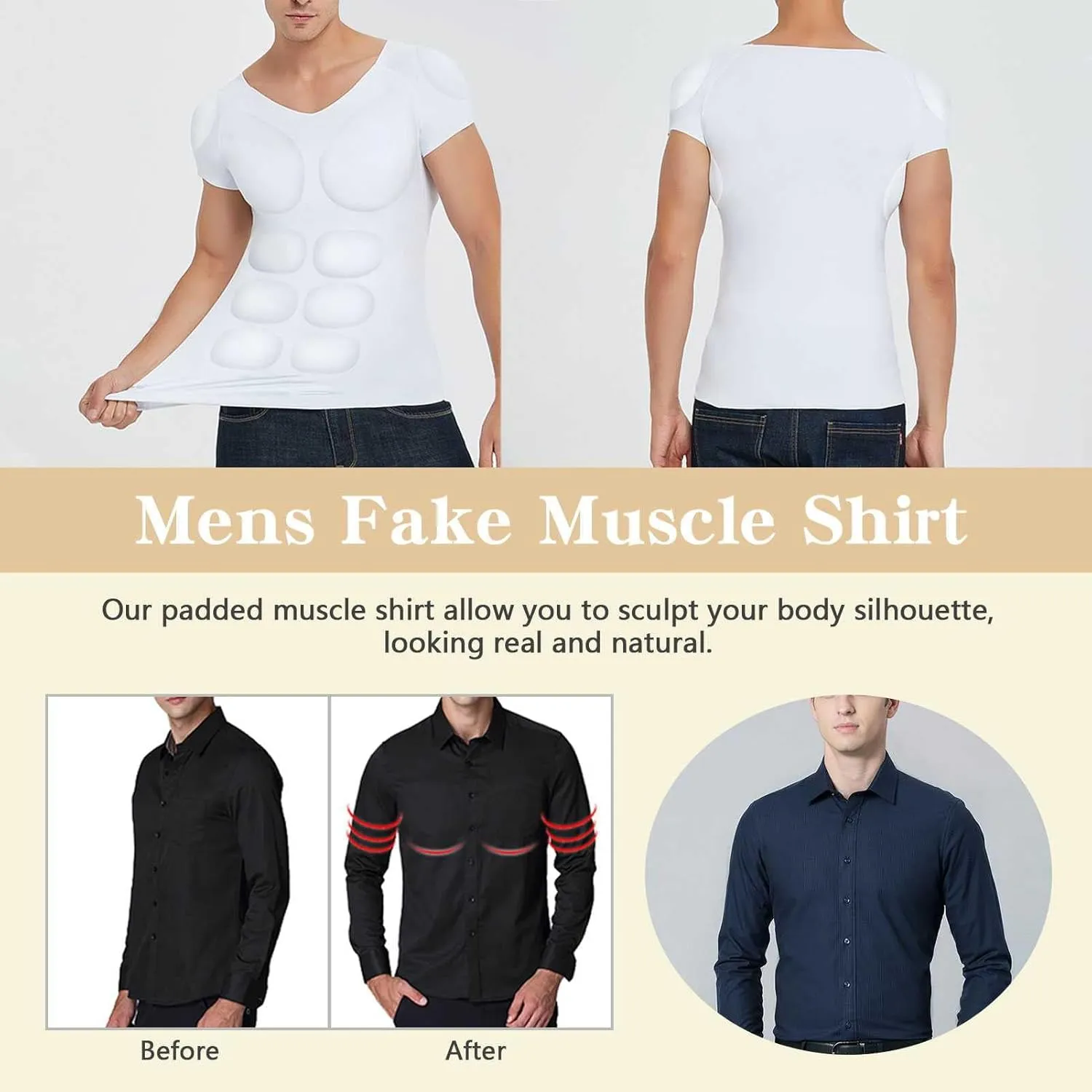 HAWFHH Mens Fake Muscle Shirt, Fake Chest Abdomen Muscle Shaper Undershirt, Invisible Breathable Padded Compression T-Shirts