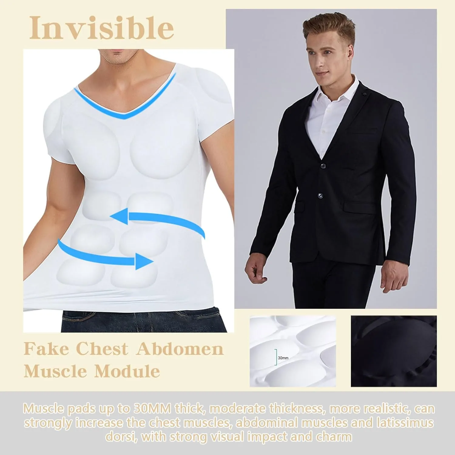 HAWFHH Mens Fake Muscle Shirt, Fake Chest Abdomen Muscle Shaper Undershirt, Invisible Breathable Padded Compression T-Shirts