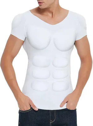 HAWFHH Mens Fake Muscle Shirt, Fake Chest Abdomen Muscle Shaper Undershirt, Invisible Breathable Padded Compression T-Shirts