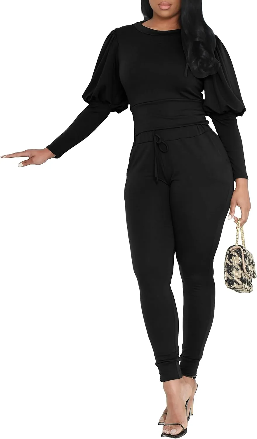 HBQ Women 2 Pieces Outfits Puff Sleeve Top And Jogger Pants Sweatpants Set Tracksuits