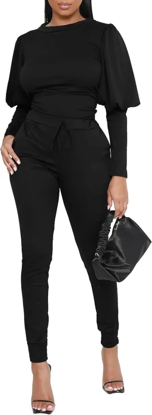 HBQ Women 2 Pieces Outfits Puff Sleeve Top And Jogger Pants Sweatpants Set Tracksuits