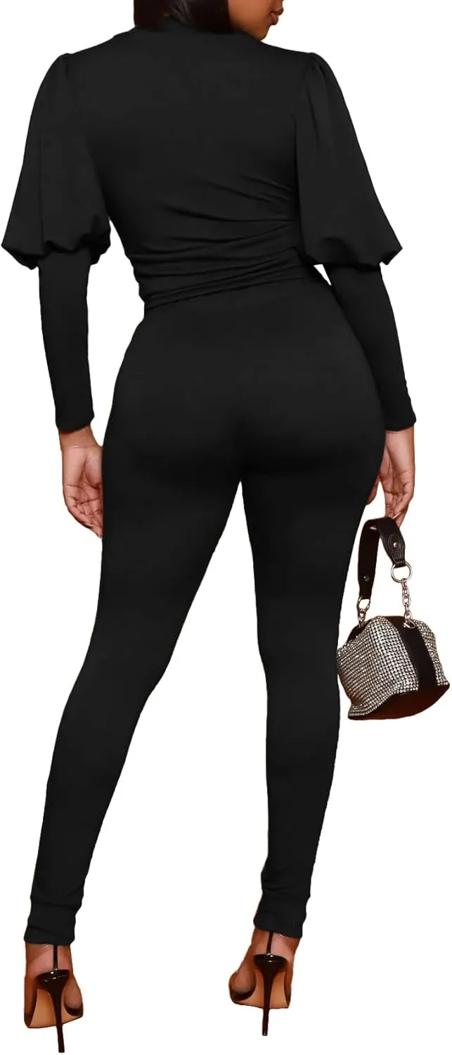 HBQ Women 2 Pieces Outfits Puff Sleeve Top And Jogger Pants Sweatpants Set Tracksuits