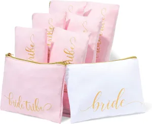 Heather & Willow 8 Piece Set | Bride Tribe Bridesmaid Gifts Bags, Canvas Makeup Bags Cosmetic Clutch & Purse | Bachelorette Party Favors | Bridesmaid Proposal Box for Wedding Bridal Shower - Blush