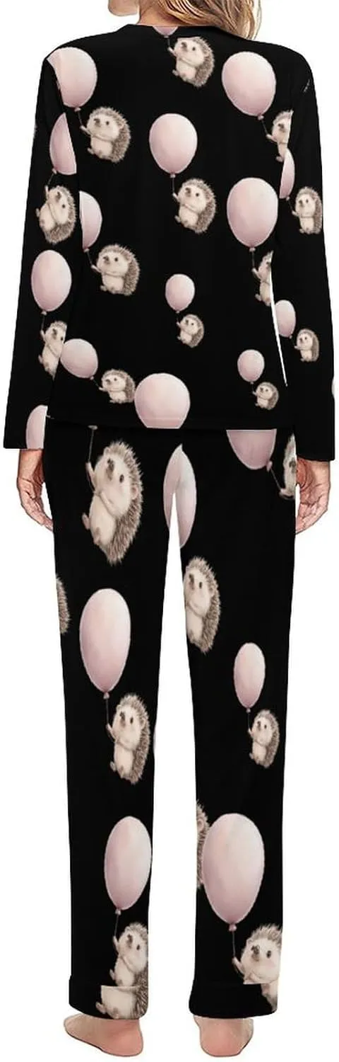 Hedgehog Holding A Balloon Women's Pajama Set Long Sleeve T-shirts Top & Pant Comfort Sleepwear Loungewear