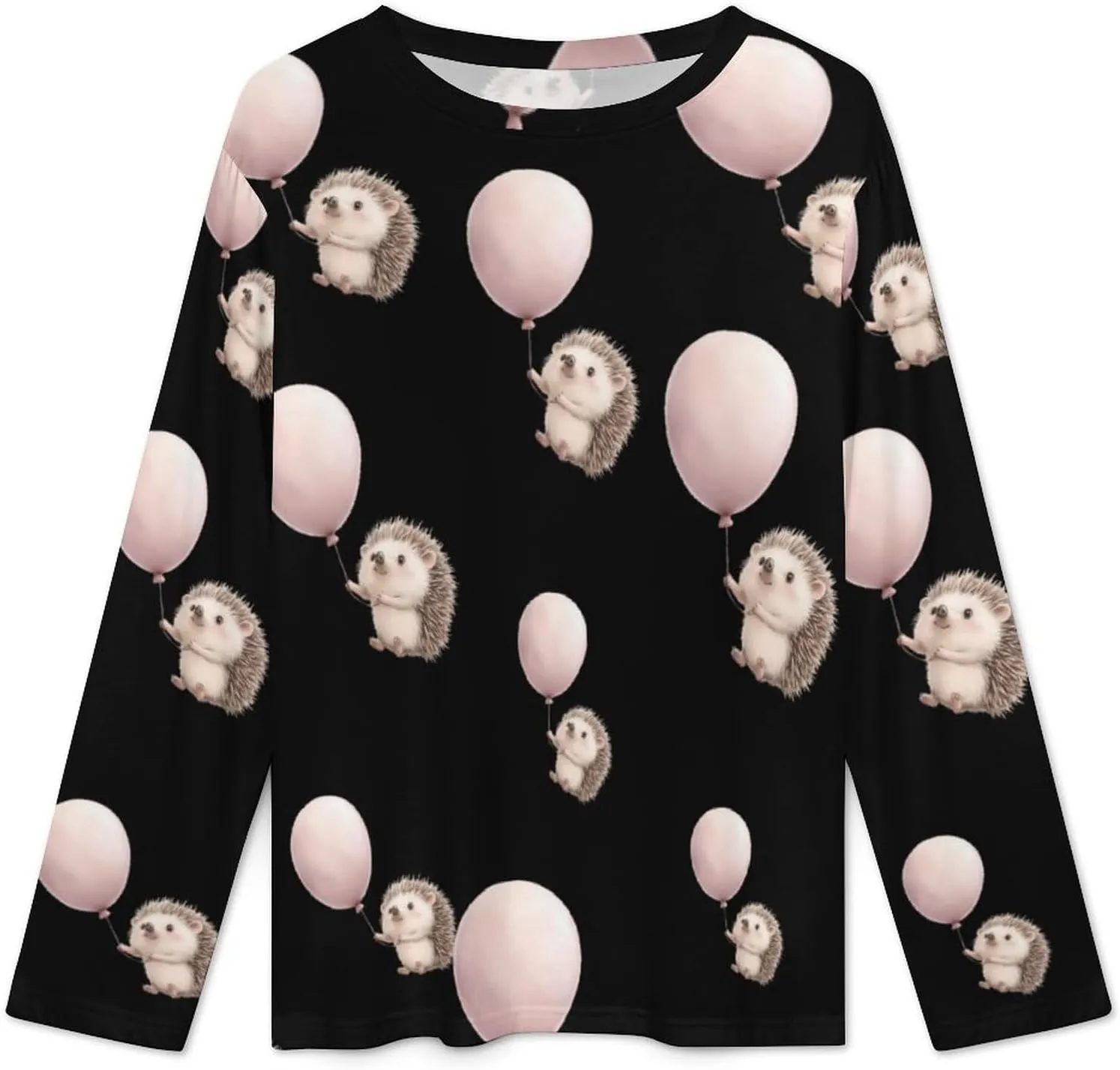 Hedgehog Holding A Balloon Women's Pajama Set Long Sleeve T-shirts Top & Pant Comfort Sleepwear Loungewear
