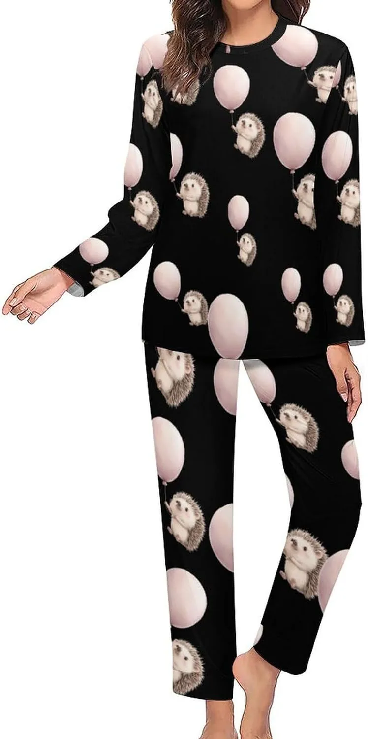 Hedgehog Holding A Balloon Women's Pajama Set Long Sleeve T-shirts Top & Pant Comfort Sleepwear Loungewear