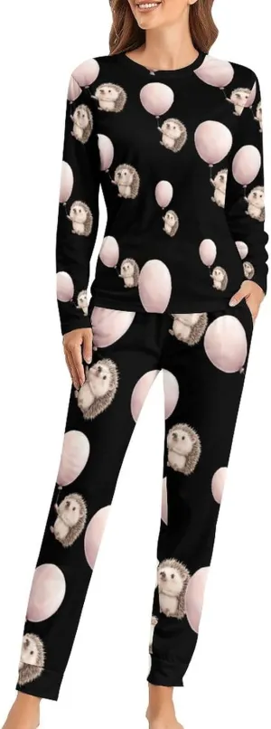 Hedgehog Holding A Balloon Women's Pajama Set Long Sleeve T-shirts Top & Pant Comfort Sleepwear Loungewear