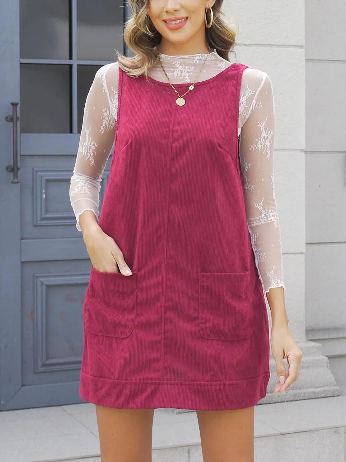 hibshaby Women's Corduroy Overall Dress Round Neck Pinafore Wide Strap Mini Dress with Pockets