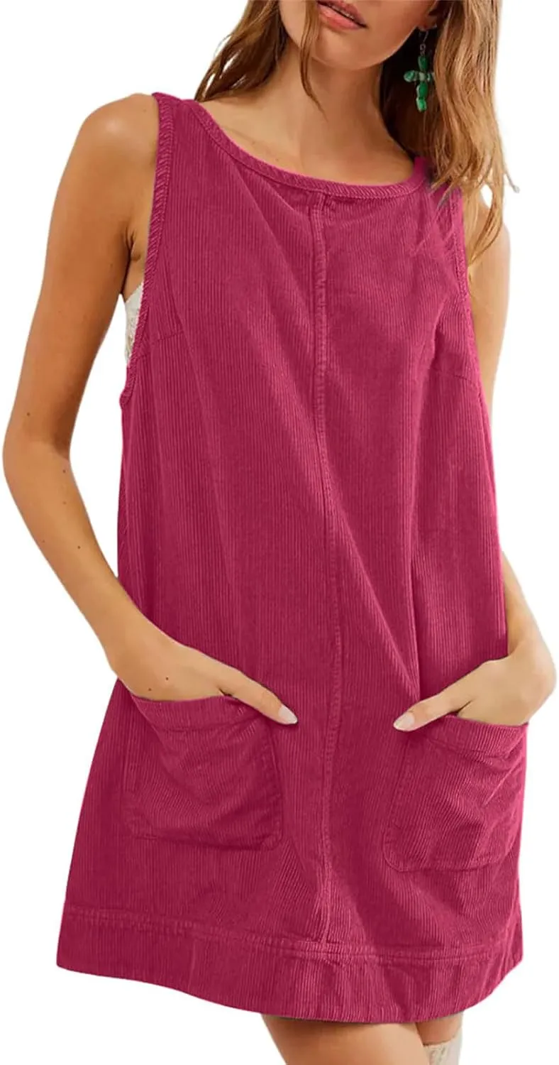 hibshaby Women's Corduroy Overall Dress Round Neck Pinafore Wide Strap Mini Dress with Pockets