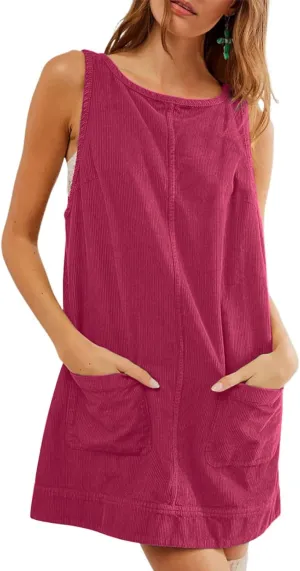 hibshaby Women's Corduroy Overall Dress Round Neck Pinafore Wide Strap Mini Dress with Pockets