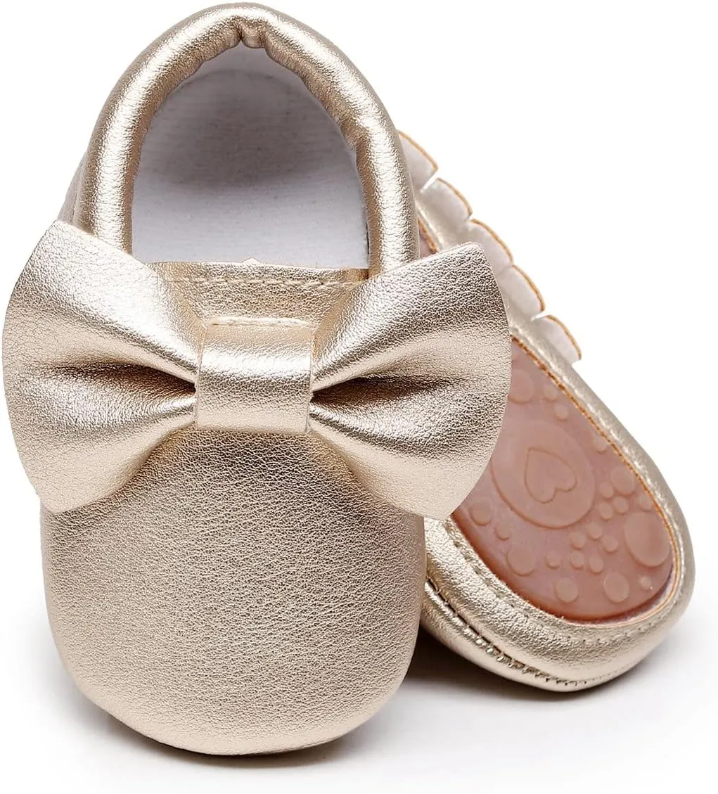 HONGTEYA Baby Moccasins with Rubber Sole&Soft Sole - Flower Print PU Leather Tassel Bow Girls Ballet Dress Shoes for Toddler