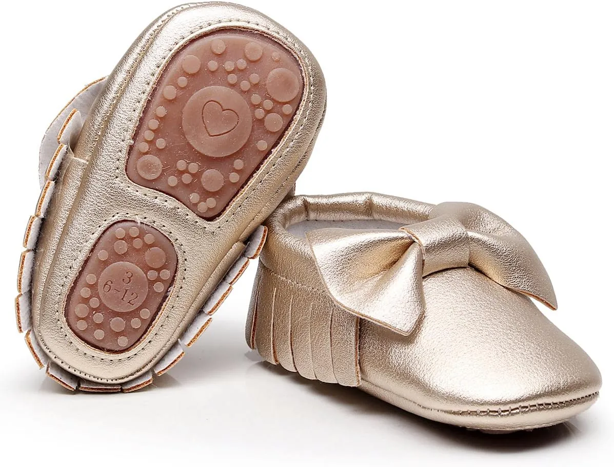 HONGTEYA Baby Moccasins with Rubber Sole&Soft Sole - Flower Print PU Leather Tassel Bow Girls Ballet Dress Shoes for Toddler