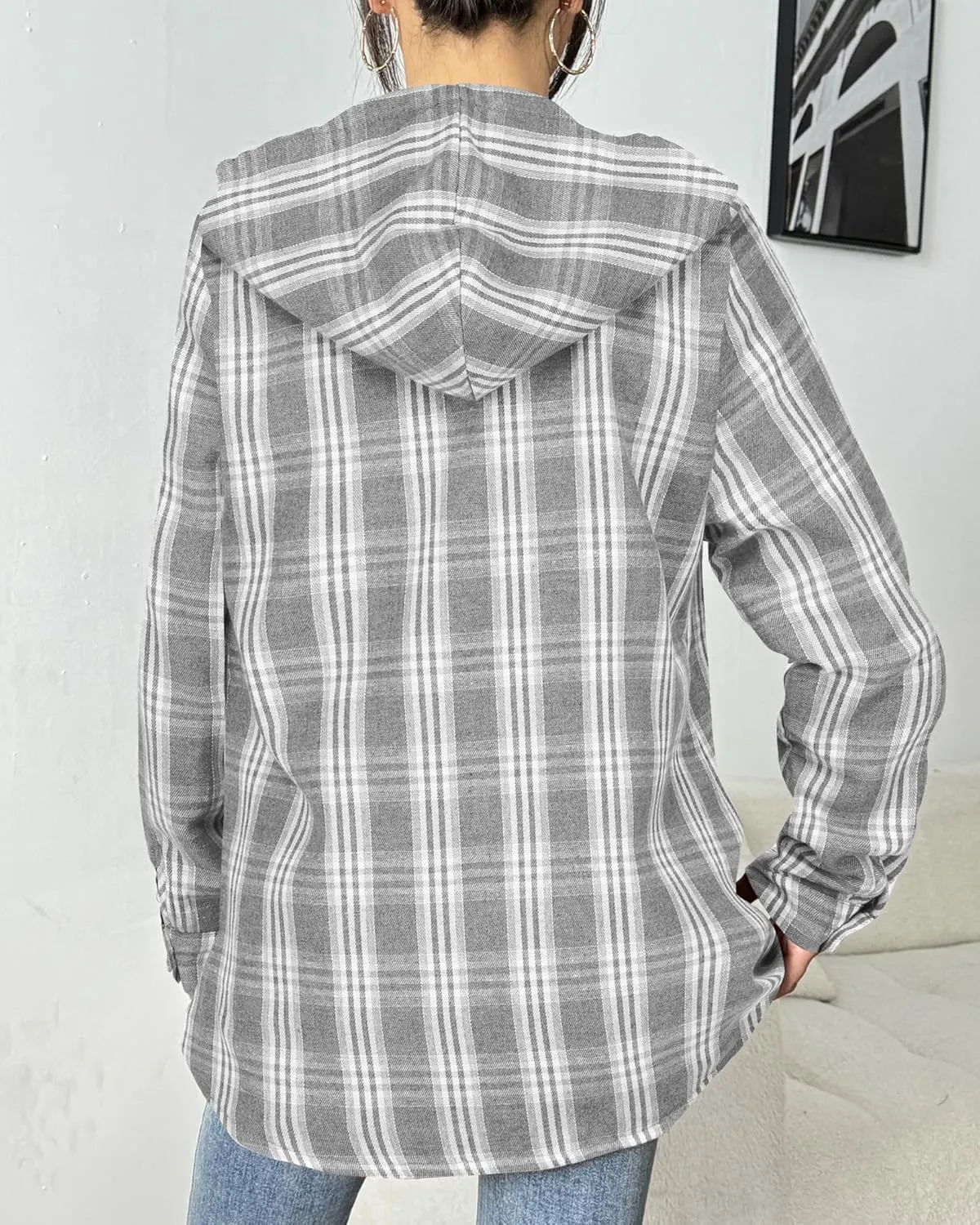 HOTOUCH Women Flannel Fleece Shacket Jacket Plaid Button Down Long Sleeve Shirt 2024 Fall Winter Outfits Clothes with Hooded