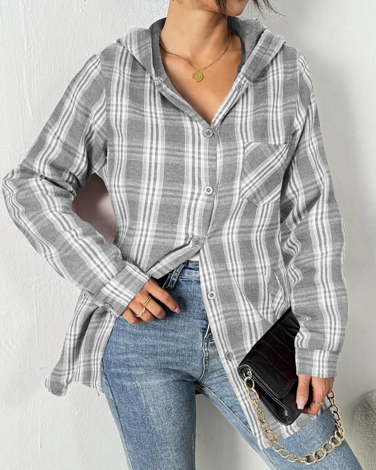 HOTOUCH Women Flannel Fleece Shacket Jacket Plaid Button Down Long Sleeve Shirt 2024 Fall Winter Outfits Clothes with Hooded