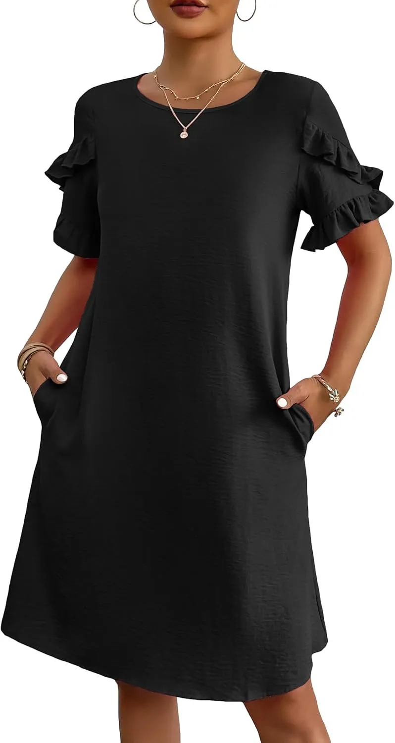 HOTOUCH Womens Summer Dress 2025 Short Sleeve A-Line Mini Crew Neck Shift Dress with Pockets