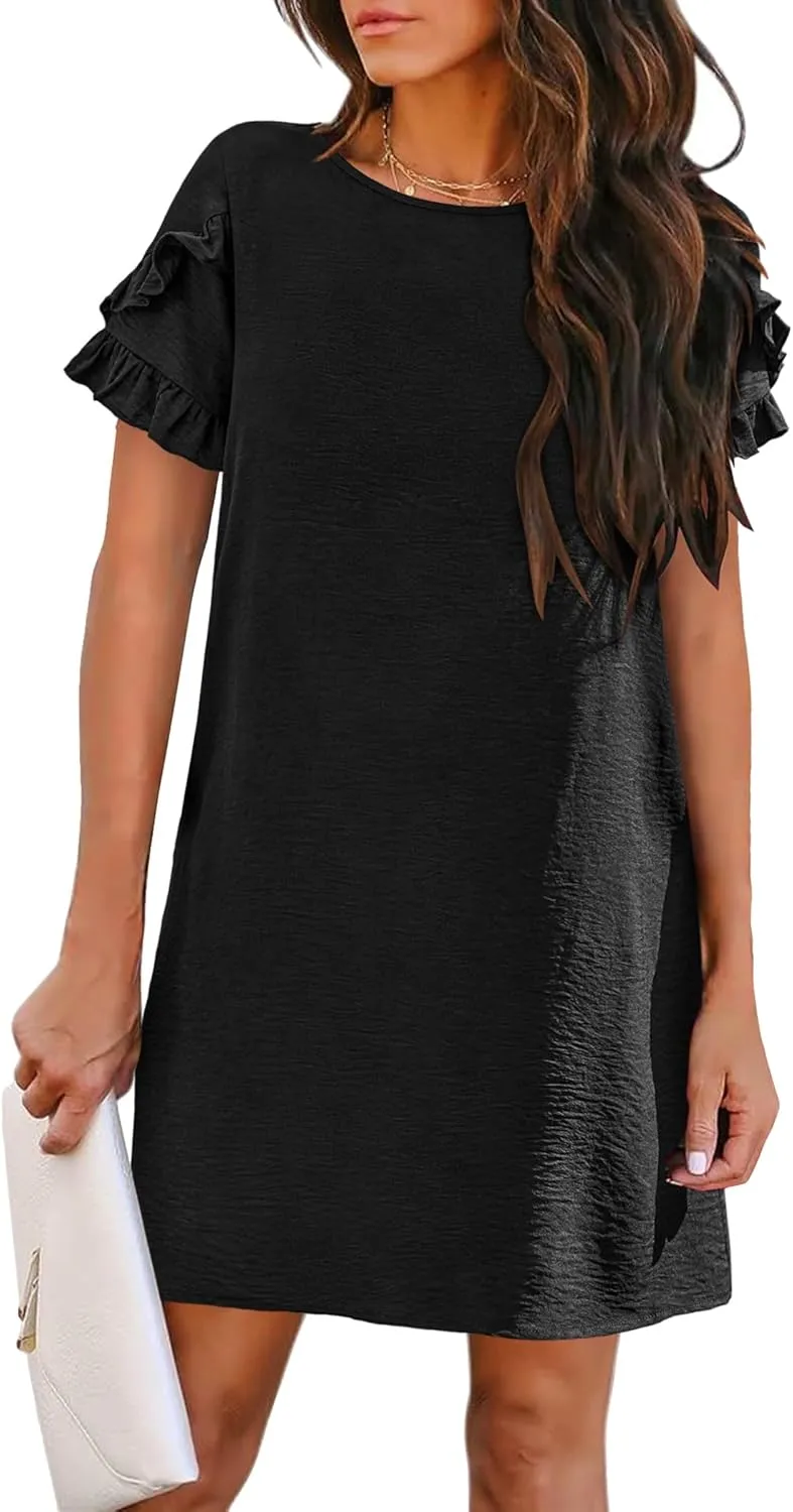 HOTOUCH Womens Summer Dress 2025 Short Sleeve A-Line Mini Crew Neck Shift Dress with Pockets