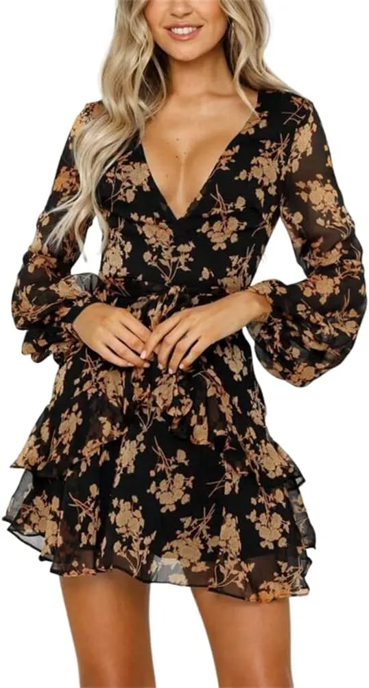 HOULENGS Women's Casual Floral Print Deep V Neck Mini Dress Long Sleeve Belted Ruffle Short Dress