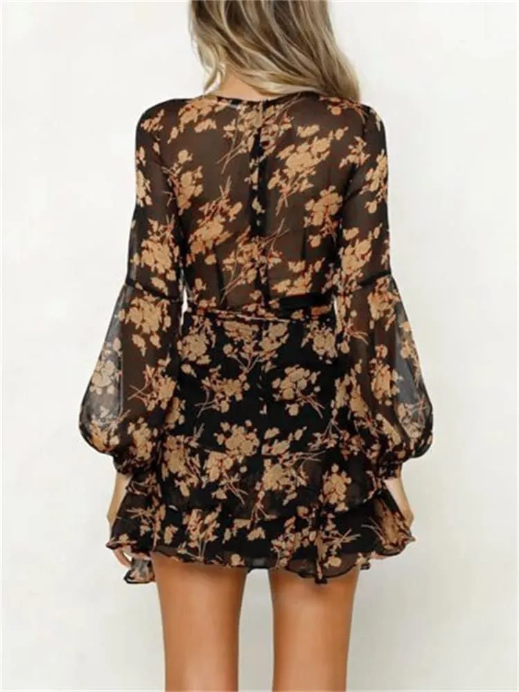 HOULENGS Women's Casual Floral Print Deep V Neck Mini Dress Long Sleeve Belted Ruffle Short Dress