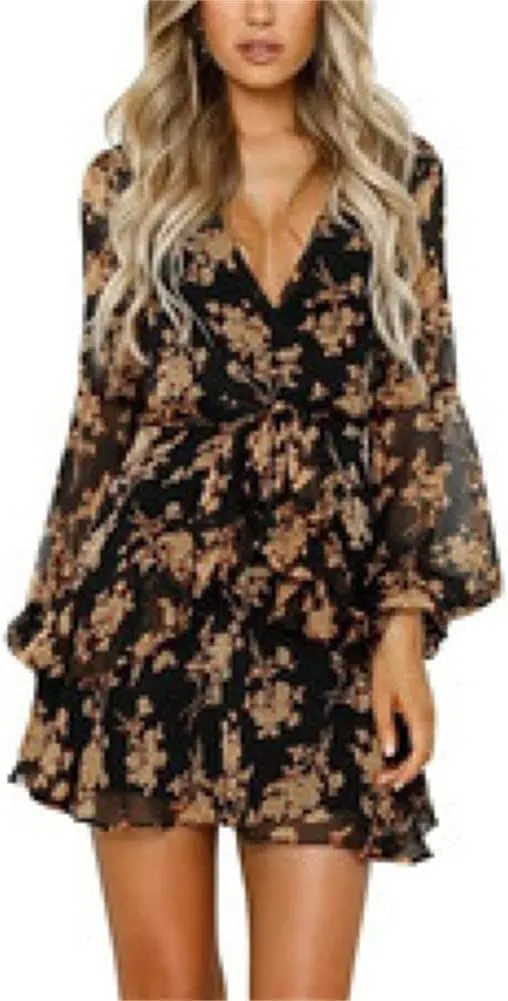 HOULENGS Women's Casual Floral Print Deep V Neck Mini Dress Long Sleeve Belted Ruffle Short Dress