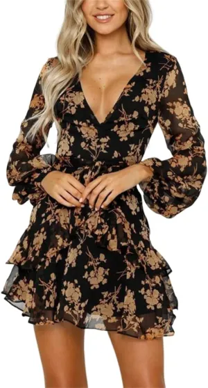 HOULENGS Women's Casual Floral Print Deep V Neck Mini Dress Long Sleeve Belted Ruffle Short Dress