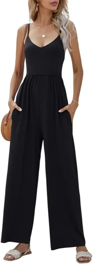 HOULENGS Women's Sexy Sleeveless Spaghetti Strap Rompers V Neck Wide Leg Jumpsuit Overalls with Pockets