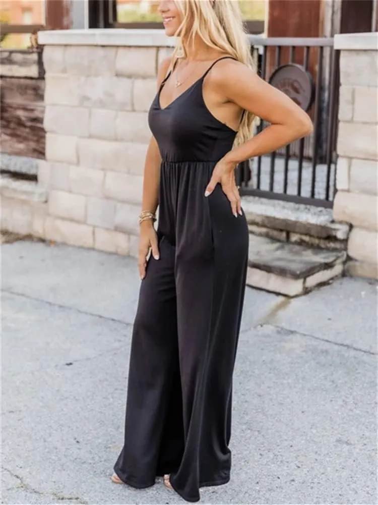 HOULENGS Women's Sexy Sleeveless Spaghetti Strap Rompers V Neck Wide Leg Jumpsuit Overalls with Pockets