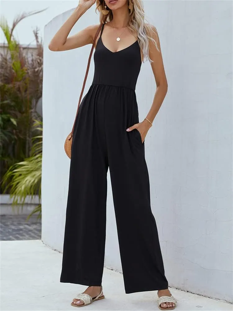 HOULENGS Women's Sexy Sleeveless Spaghetti Strap Rompers V Neck Wide Leg Jumpsuit Overalls with Pockets