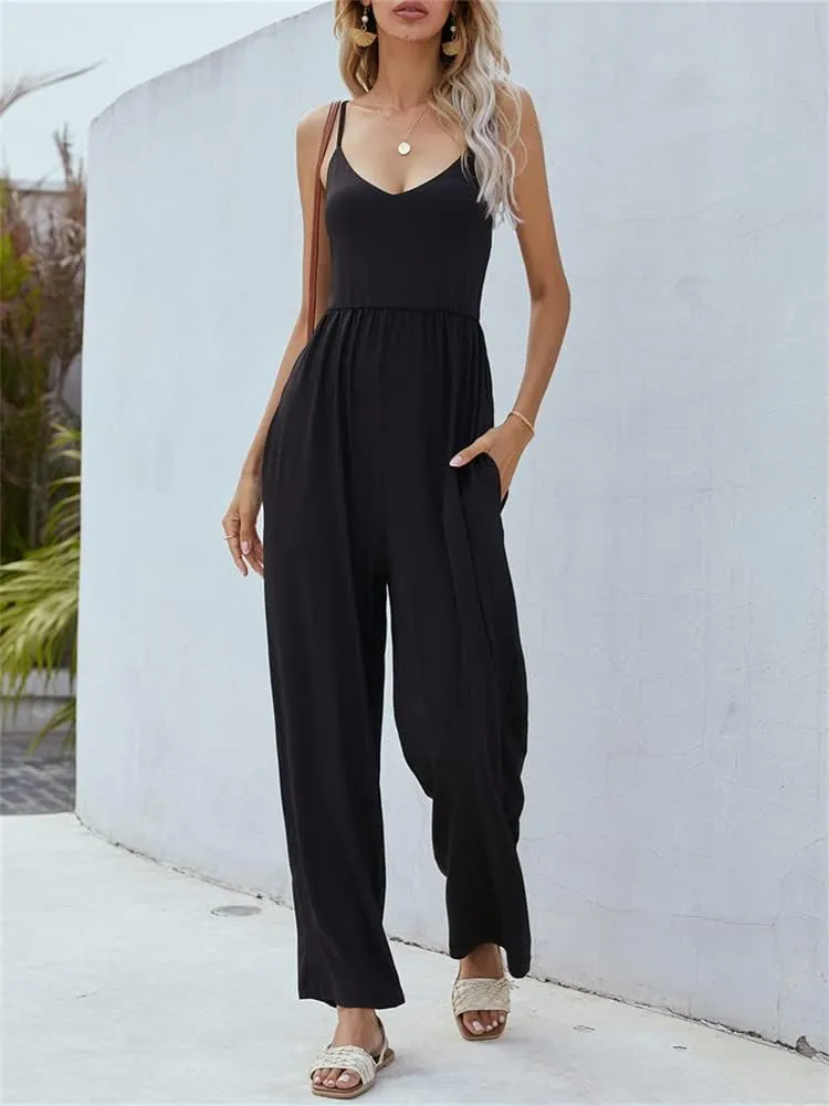 HOULENGS Women's Sexy Sleeveless Spaghetti Strap Rompers V Neck Wide Leg Jumpsuit Overalls with Pockets