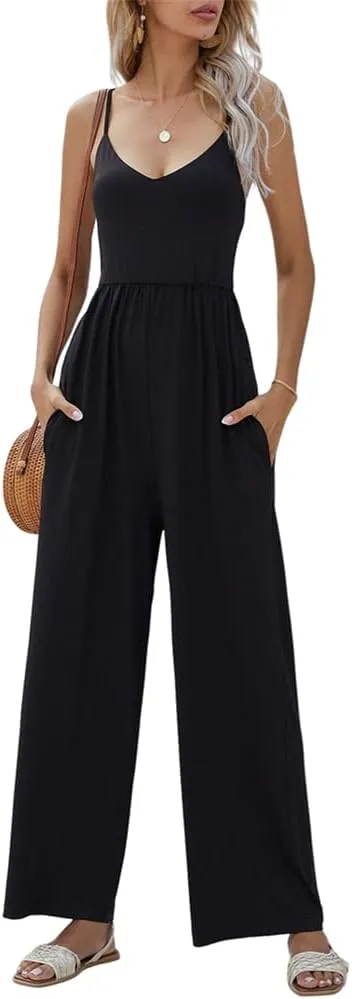 HOULENGS Women's Sexy Sleeveless Spaghetti Strap Rompers V Neck Wide Leg Jumpsuit Overalls with Pockets