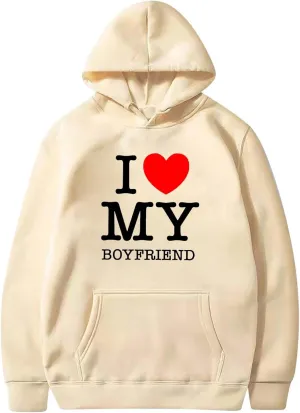 I Love Boyfriend Hoodies for Women Love Heart Print Sweatshirt Oversized Funny Letter Print Pullover Top with Pocket