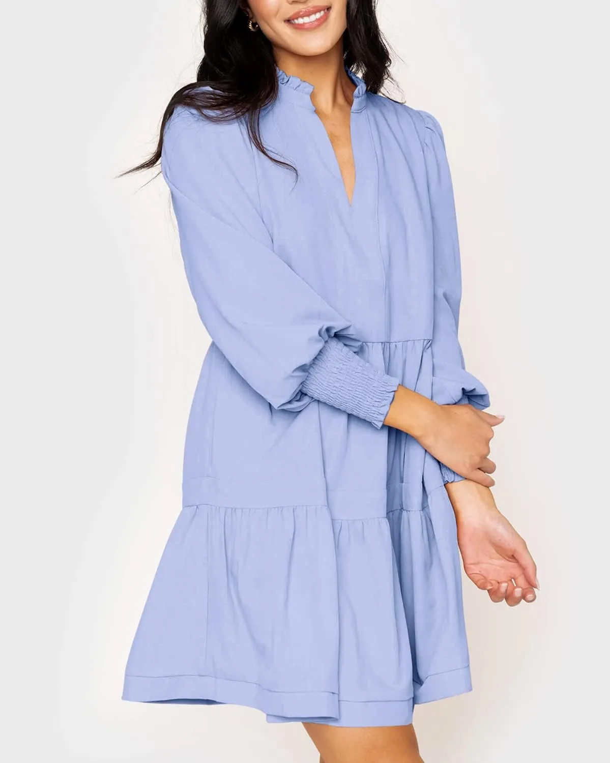 Imily Bela Womens Fall Long Sleeve Tunic Dress Casual V Neck Loose Ruffle Tiered Dress