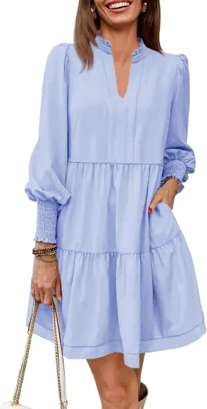 Imily Bela Womens Fall Long Sleeve Tunic Dress Casual V Neck Loose Ruffle Tiered Dress