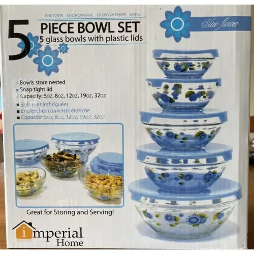 Imperial Home Blue Flowers Glass Bowl Set - 5 Piece