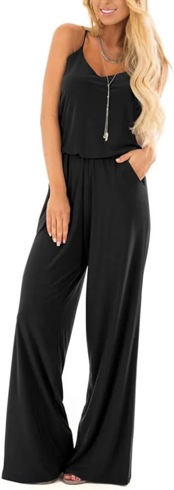 INFITTY Women's Summer Sleeveless Spaghetti Strap Sexy Jumpsuit Rompers Wide Leg Pants Suit