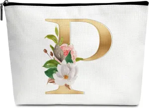 Initial Makeup Bag, Monogrammed Birthday Gifts for Women Friends Bridesmaid, Floral Personalized Cosmetic Bag for Toiletry Accessories - P