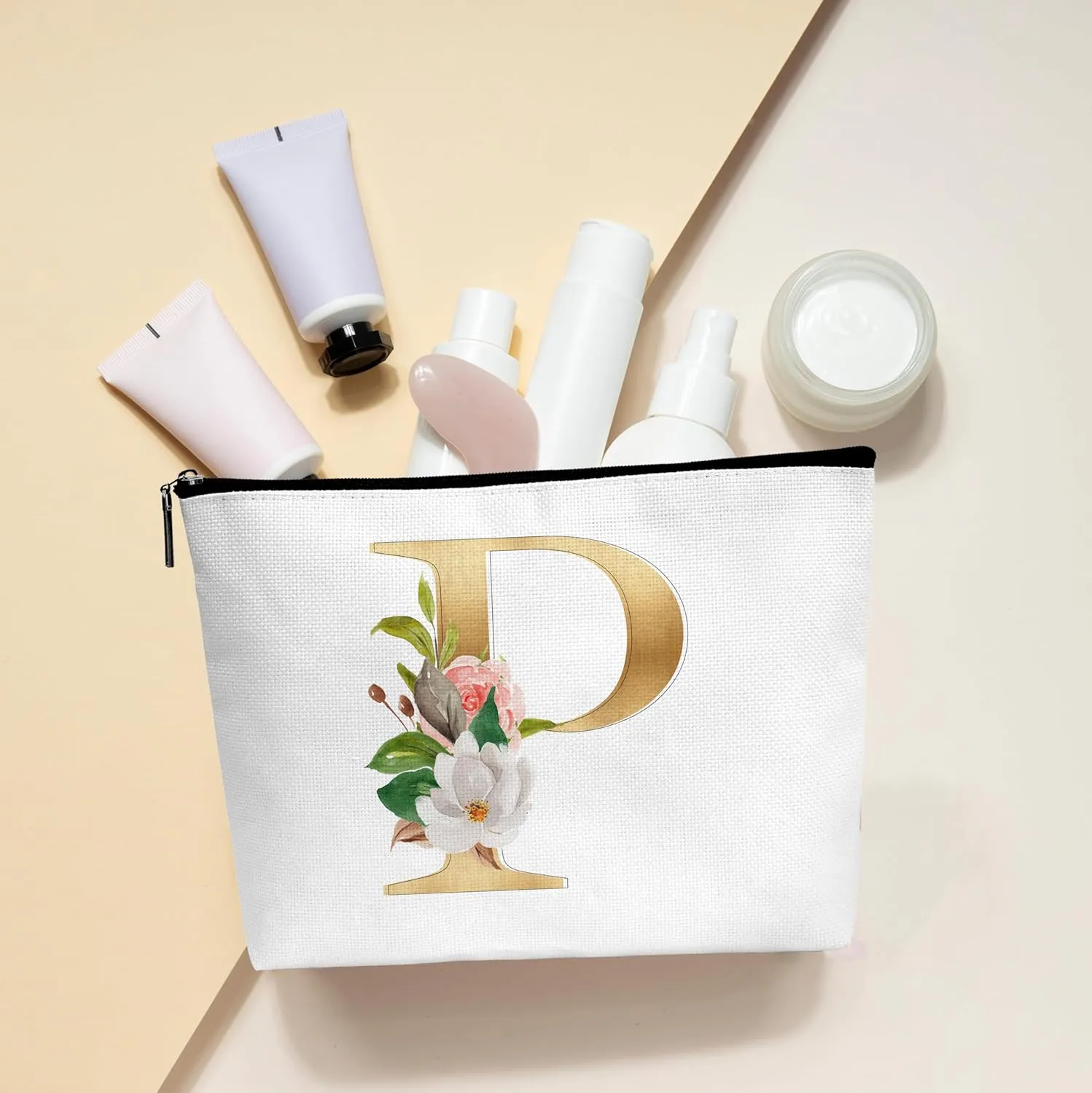 Initial Makeup Bag, Monogrammed Birthday Gifts for Women Friends Bridesmaid, Floral Personalized Cosmetic Bag for Toiletry Accessories - P