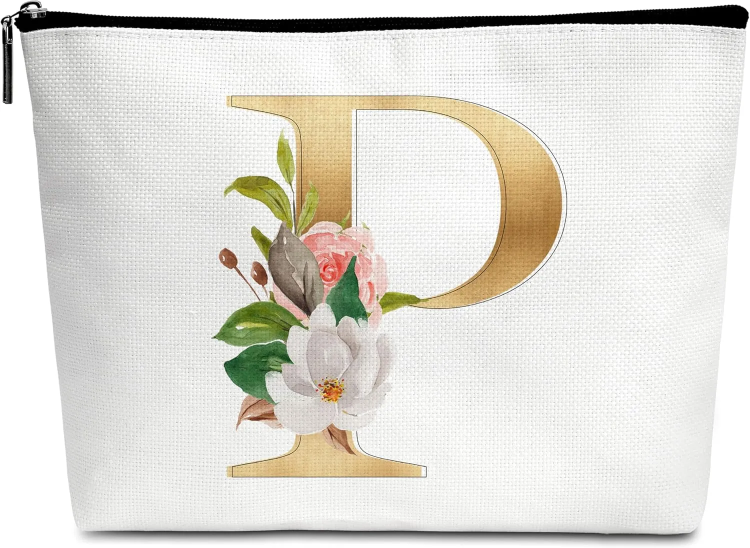 Initial Makeup Bag, Monogrammed Birthday Gifts for Women Friends Bridesmaid, Floral Personalized Cosmetic Bag for Toiletry Accessories - P