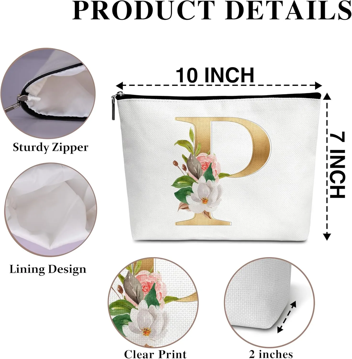 Initial Makeup Bag, Monogrammed Birthday Gifts for Women Friends Bridesmaid, Floral Personalized Cosmetic Bag for Toiletry Accessories - P