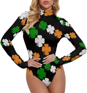 Ireland Colors Flag Shamrock Four Leaf Clovers Women's Long Sleeve Bodysuit Turtleneck Tops Stretch Jumpsuit T Shirts