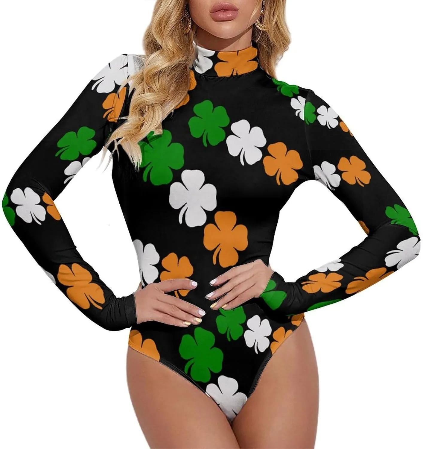 Ireland Colors Flag Shamrock Four Leaf Clovers Women's Long Sleeve Bodysuit Turtleneck Tops Stretch Jumpsuit T Shirts