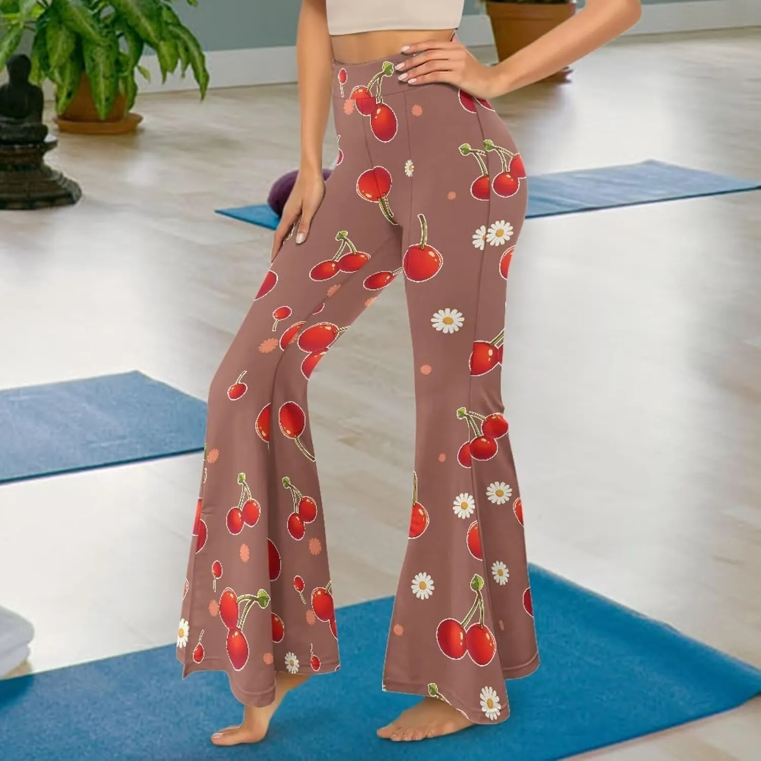 Irisjudy Women High Waist Flare Pants Morpho Butterfly Tummy Control Bell Bottom Trousers Damask Floral Office Casual Pants
