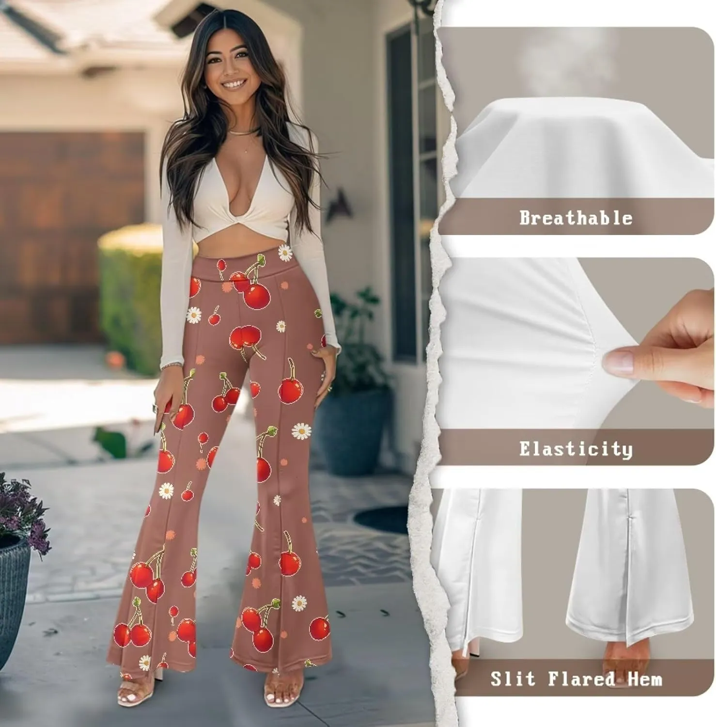 Irisjudy Women High Waist Flare Pants Morpho Butterfly Tummy Control Bell Bottom Trousers Damask Floral Office Casual Pants