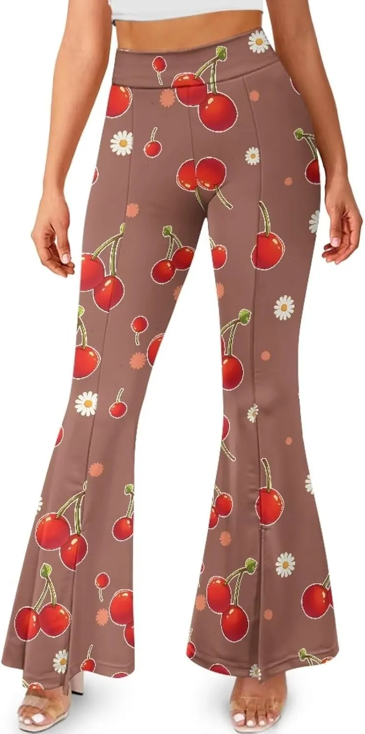 Irisjudy Women High Waist Flare Pants Morpho Butterfly Tummy Control Bell Bottom Trousers Damask Floral Office Casual Pants