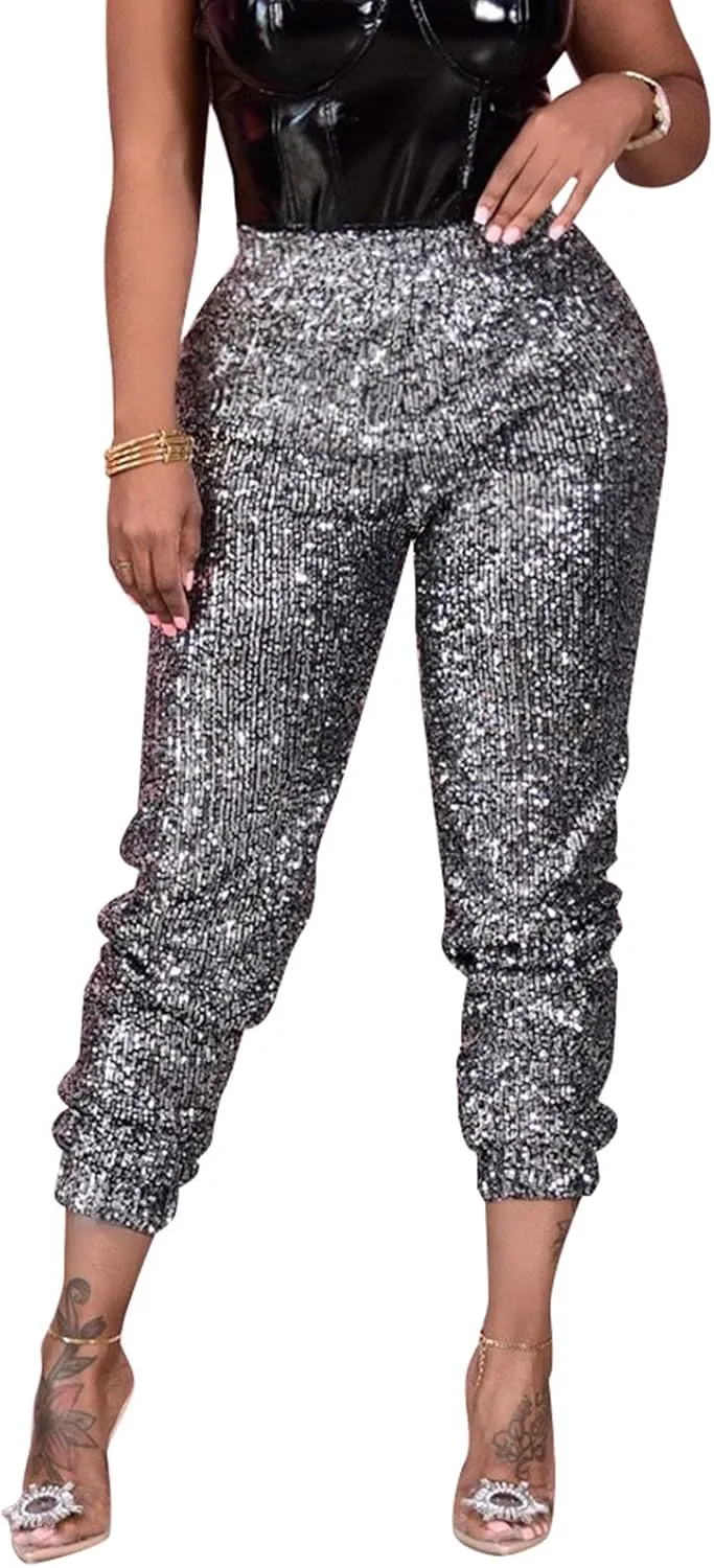 itnpbwus Women Casual Sparkle Sequin Glitter Bling Yoga Pants Slim Leg Leggings