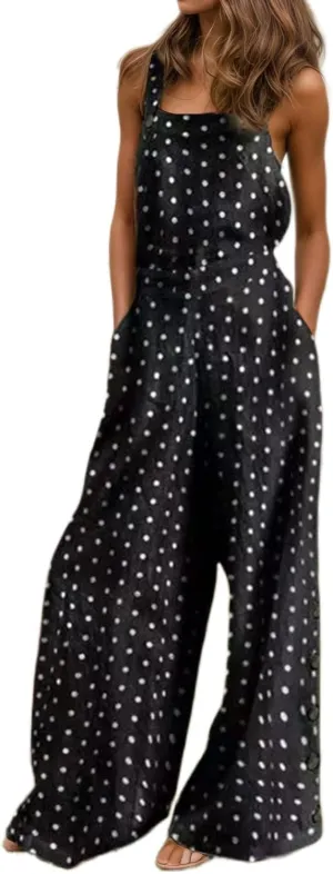 IVERIRMIN Women's Cotton Linen Adjustable Overalls Side Button Wide Leg Jumpsuits Baggy Sleeveless Romper with Pockets
