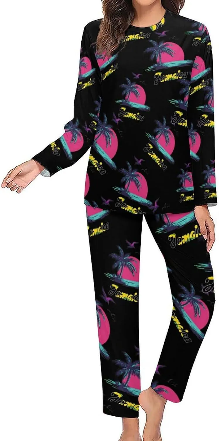 Jamaica Flag Palm Tree Sunset Women's Pajama Set Long Sleeve T-shirts Top & Pant Comfort Sleepwear Loungewear