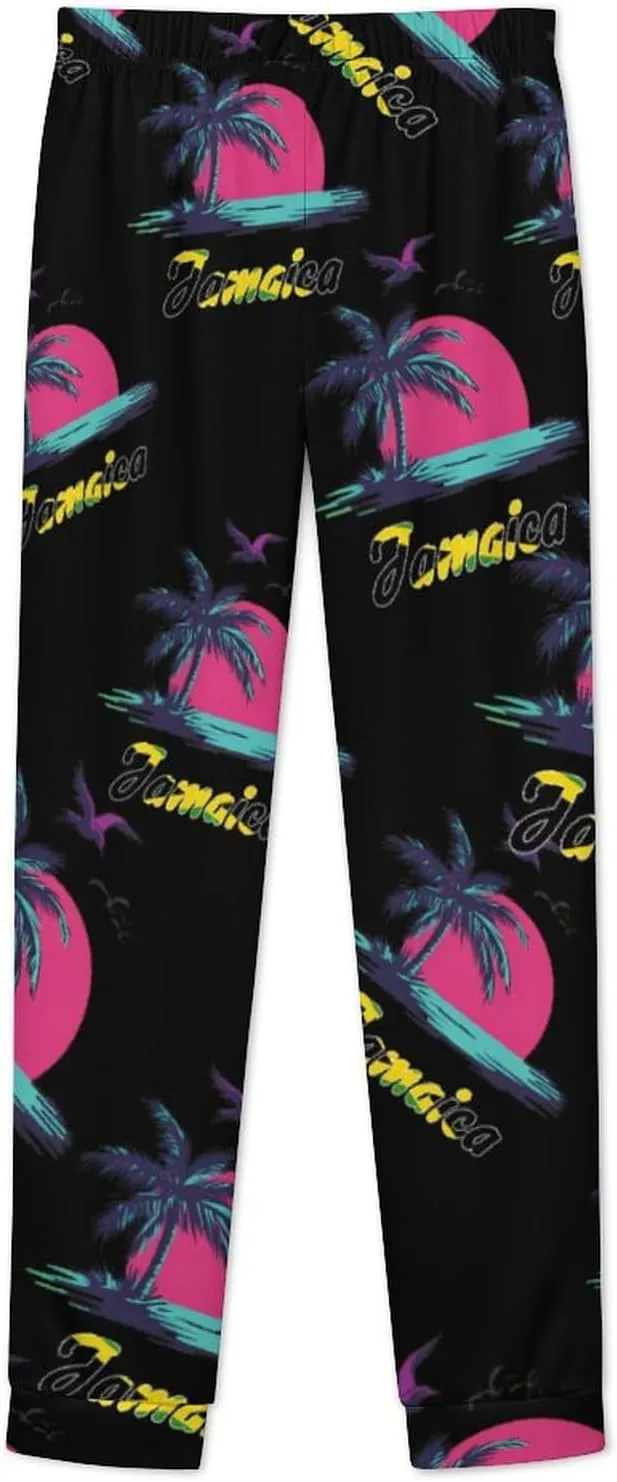 Jamaica Flag Palm Tree Sunset Women's Pajama Set Long Sleeve T-shirts Top & Pant Comfort Sleepwear Loungewear