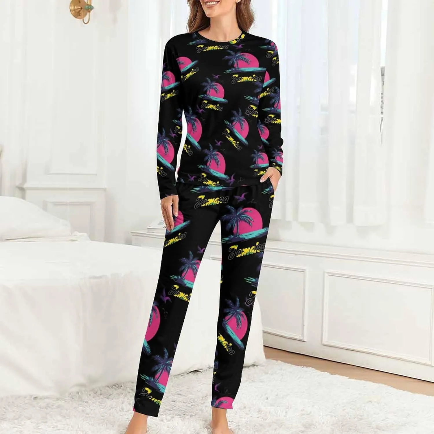 Jamaica Flag Palm Tree Sunset Women's Pajama Set Long Sleeve T-shirts Top & Pant Comfort Sleepwear Loungewear